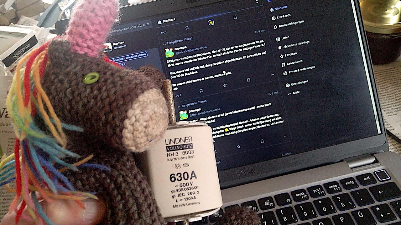 Max, das bunte Strickhorn, mit einer dicken 630 Ampere-Sicherung.