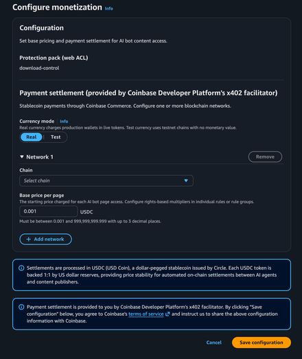 A page talking about AI charging via USDC.