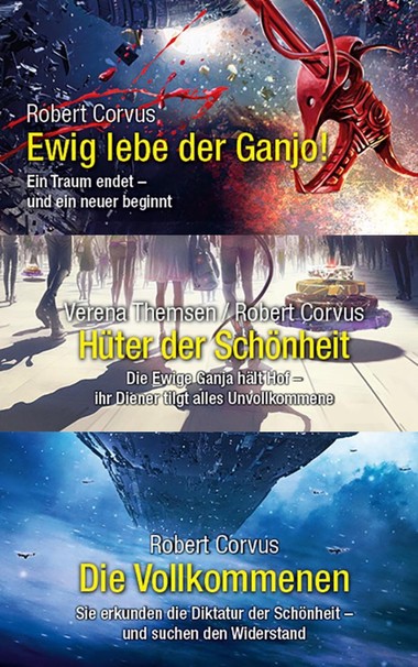 The image is a three-sectioned promotional material for books by Robert Corvus. The top section shows a red helmet-like object amidst a chaotic background with shattered pieces and a tagline. The middle part features silhouetted figures on a bright