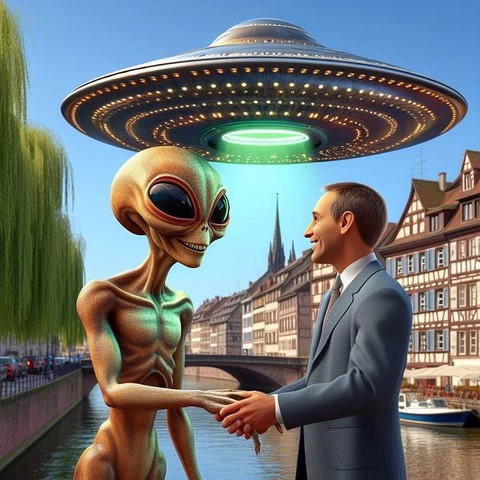Ein Alien und ein Mensch, die unter einem Ufo, in der Brüsseler Innenstadt, Hände schütteln.