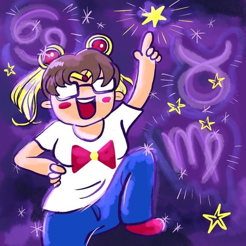Cartoon character dressed in a Sailor Moon-inspired outfit, posing energetically among stars and zodiac symbols on a purple background.