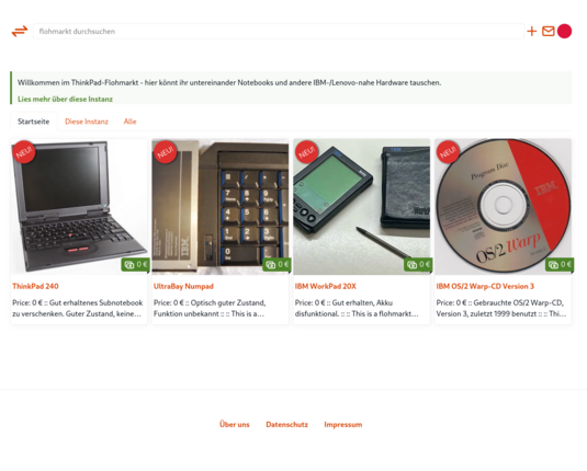 Screenshot der flohmarkt-Software - es werden verschiedene Inserate (ThinkPad 240, UltraBay Numpad-Adapter, IBM WorkPad 20X-PDA, IBM OS/2 Warp-CD) optisch ansprechend aufgelistet.