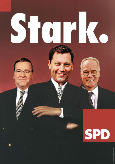 Altes Wahlplakat der SPD, mit den Köpfen von Boris Pistorius, Lars Klingbeil, Matthias Miersch, darüber der Text 