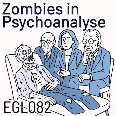 Ein Zombie liegt auf einer Behandlungsliege und wird kritisch von Sigmund Freud, Carl Gustav Jung und Melanie Klein betrachtet.