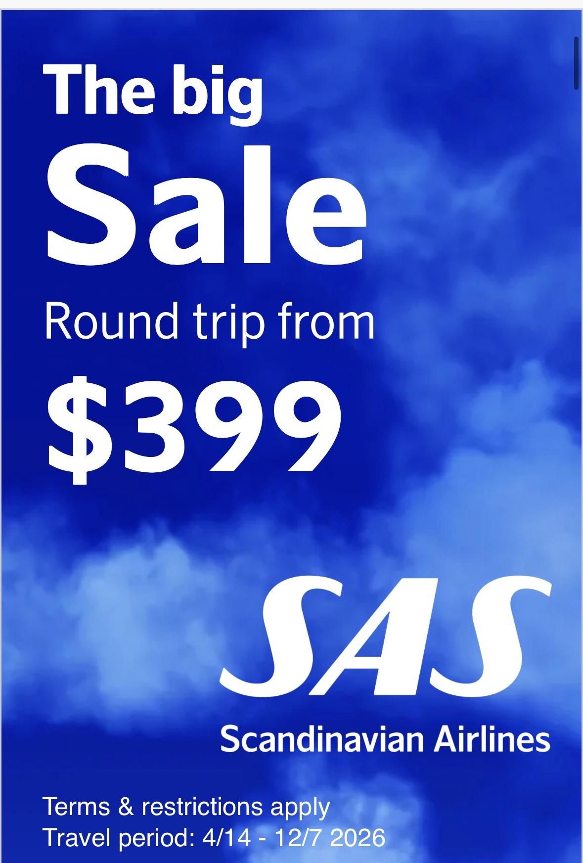 SAS sale for $399 flights