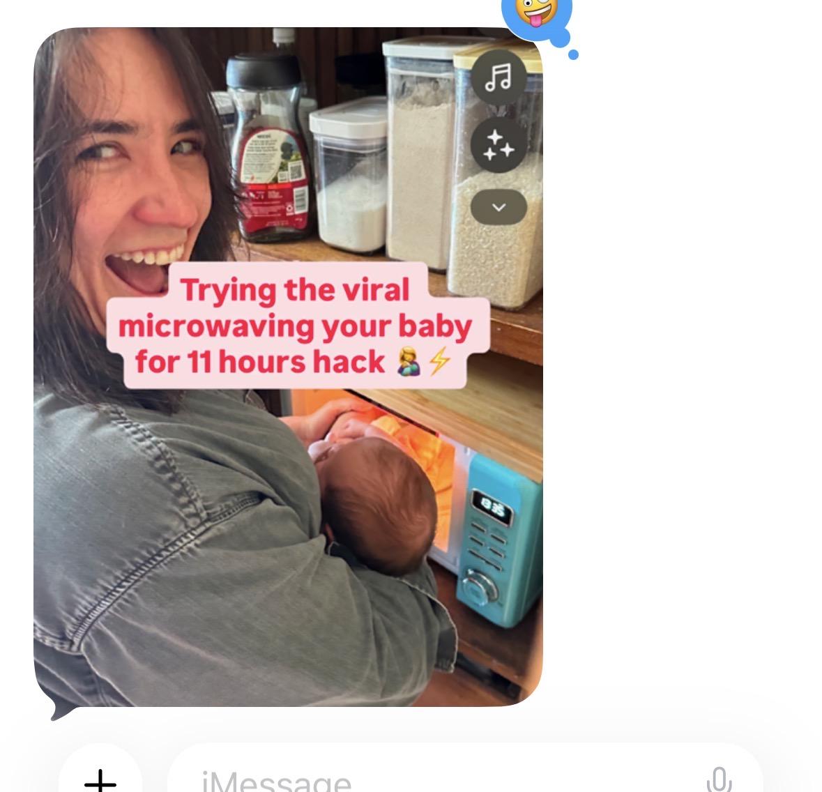 Katie putting our son in the microwave oven with insta caption “trying the viral microwaving your baby for 11 hours hack 👩‍🍼⚡️”