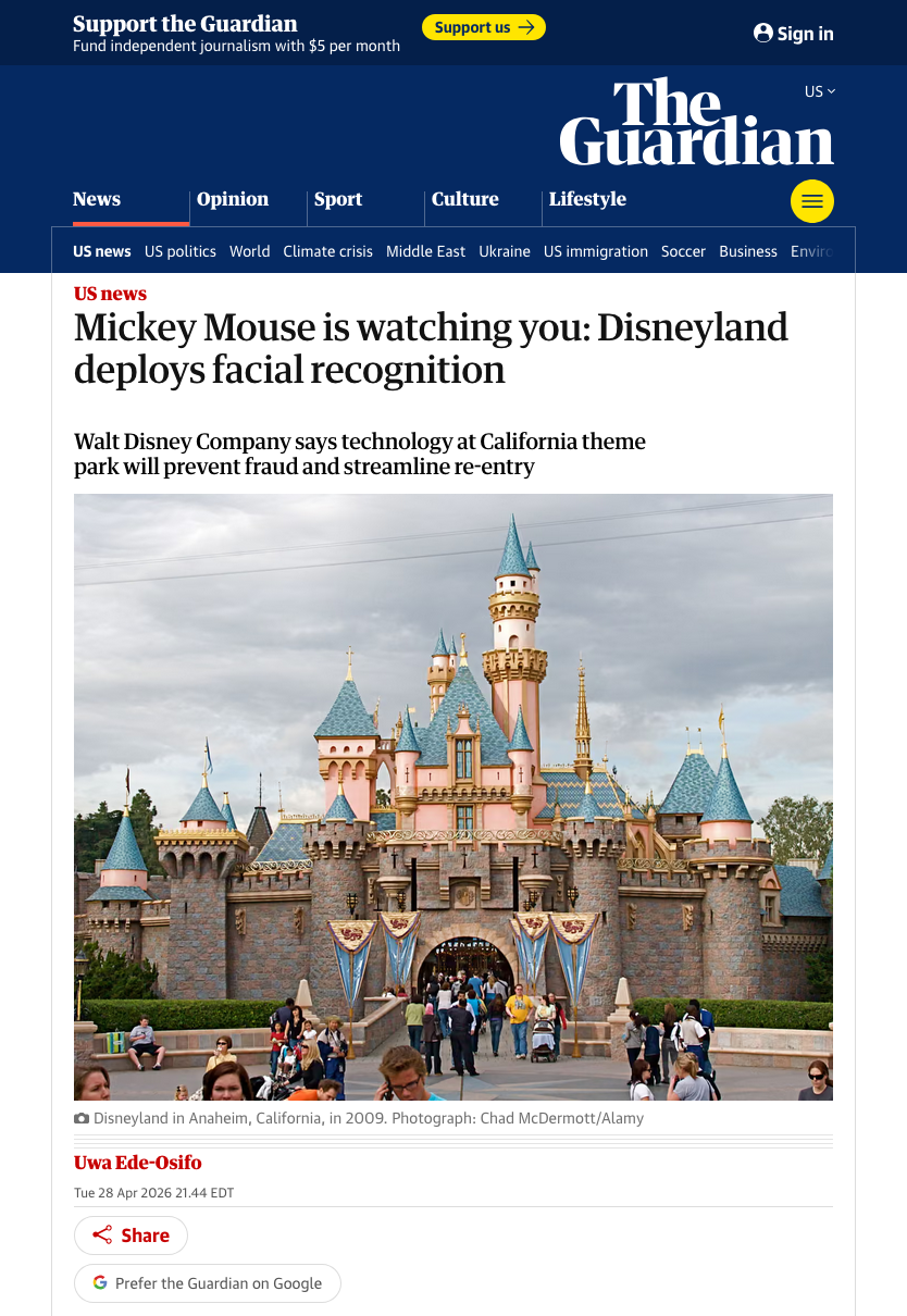 Disneyland’s iconic Sleeping Beauty Castle entrance in Anaheim, California, with crowds of visitors walking toward the castle. The scene is set under a cloudy sky, capturing the fairytale atmosphere of the theme park. The headline references Disneyland’s deployment of facial recognition technology for security and re-entry purposes.