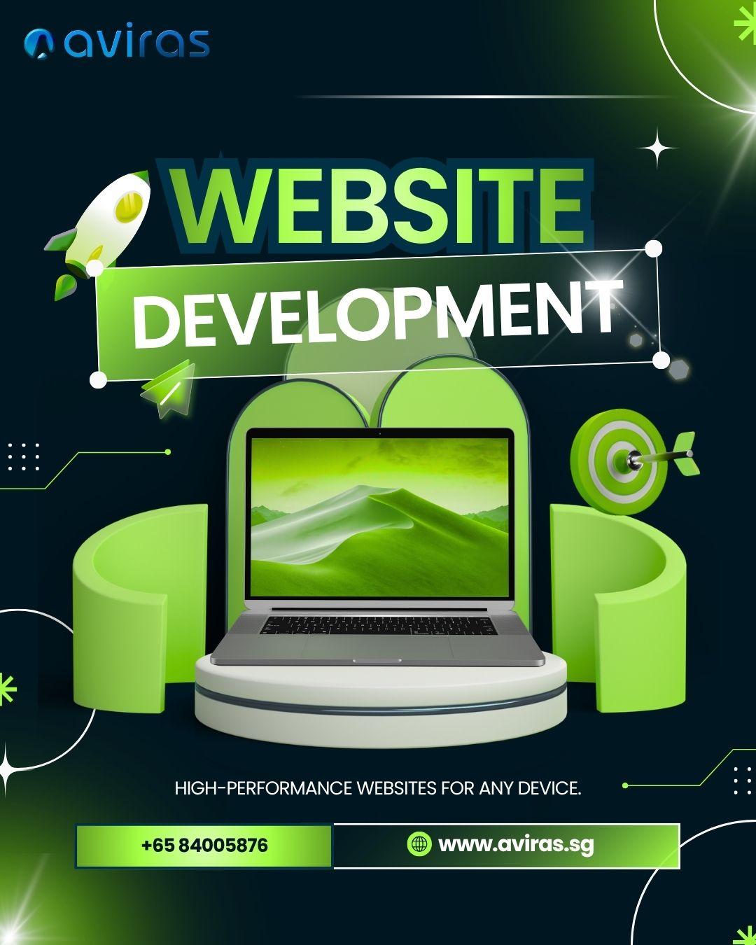 Promotional graphic for Aviras Pte Ltd advertising website development services. The design features a dark navy background with bright green gradient accents and modern digital-themed elements. The Aviras logo appears in the top-left corner. Centered prominently is the large headline "WEBSITE DEVELOPMENT" in bold uppercase letters, with "Website" displayed in green and "Development" in white on a green banner. A white and green rocket icon is positioned to the left of the headline, symbolizing business growth and digital launch. Below the headline is a silver laptop placed on a circular display podium, showing a green landscape wallpaper on the screen. Decorative green curved shapes surround the laptop, along with a target icon featuring a dart on the right side, representing accuracy and business goals. Small glowing stars, geometric lines, and abstract technology graphics reinforce the digital theme. Near the bottom, the text reads "HIGH-PERFORMANCE WEBSITES FOR ANY DEVICE." A green contact bar displays the phone number +65 84005876, alongside the company website www.aviras.sg. The overall design uses a clean, futuristic style with green, white, and dark blue colors to communicate professional website development services offered by Aviras Pte Ltd.