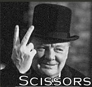 Winston Churchill giving the V-for-victory sign. The word "SCISSORS" has been imposed, meme-style, in a copperplate font.