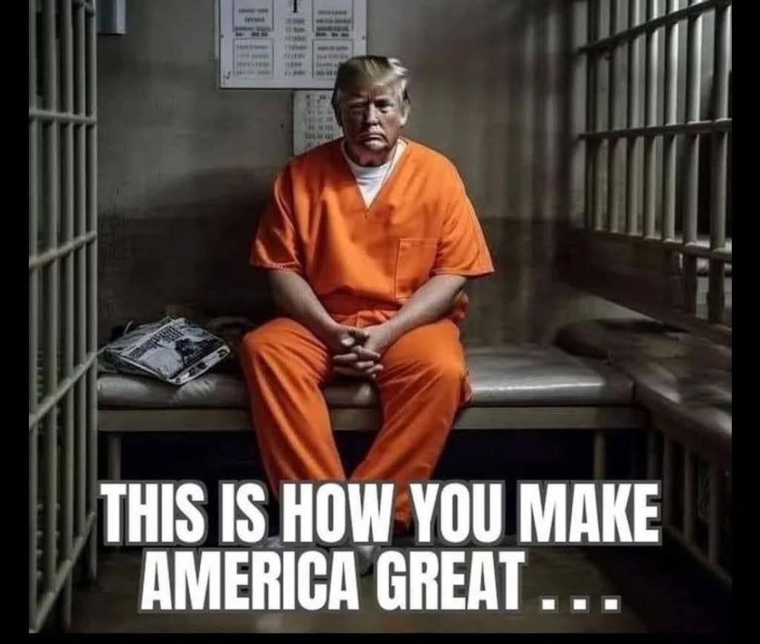 Donald Trump sitting in a prison cell wearing orange with the caption...
THIS IS HOW YOU MAKE AMERICA GREAT ...