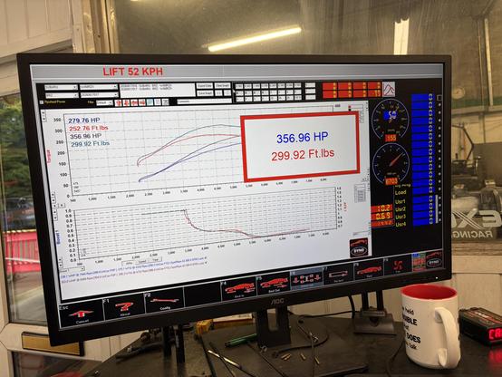 Photo of power chart from Dyno power run of new turbo kit, 357HP, 300 ft lbs of torque
