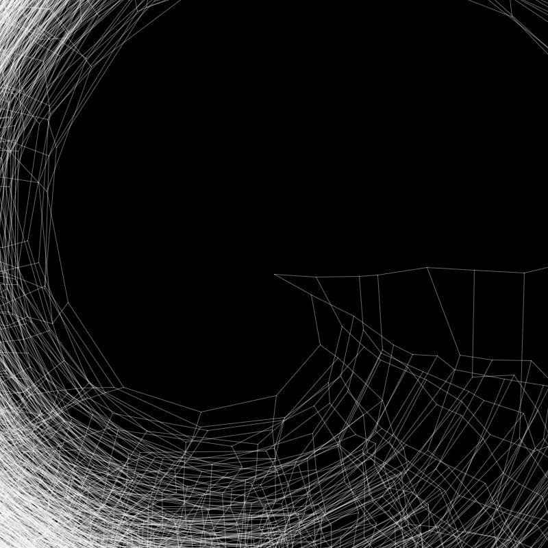 a generative tree-like pattern made of white translucent lines on a black backround, growing from the center and mostly turning clockwise.