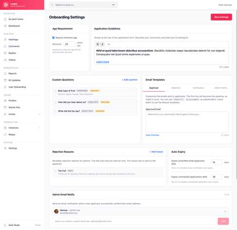 Loops Admin Curated Onboarding Settings