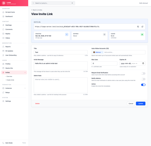Loops Admin Invite Settings