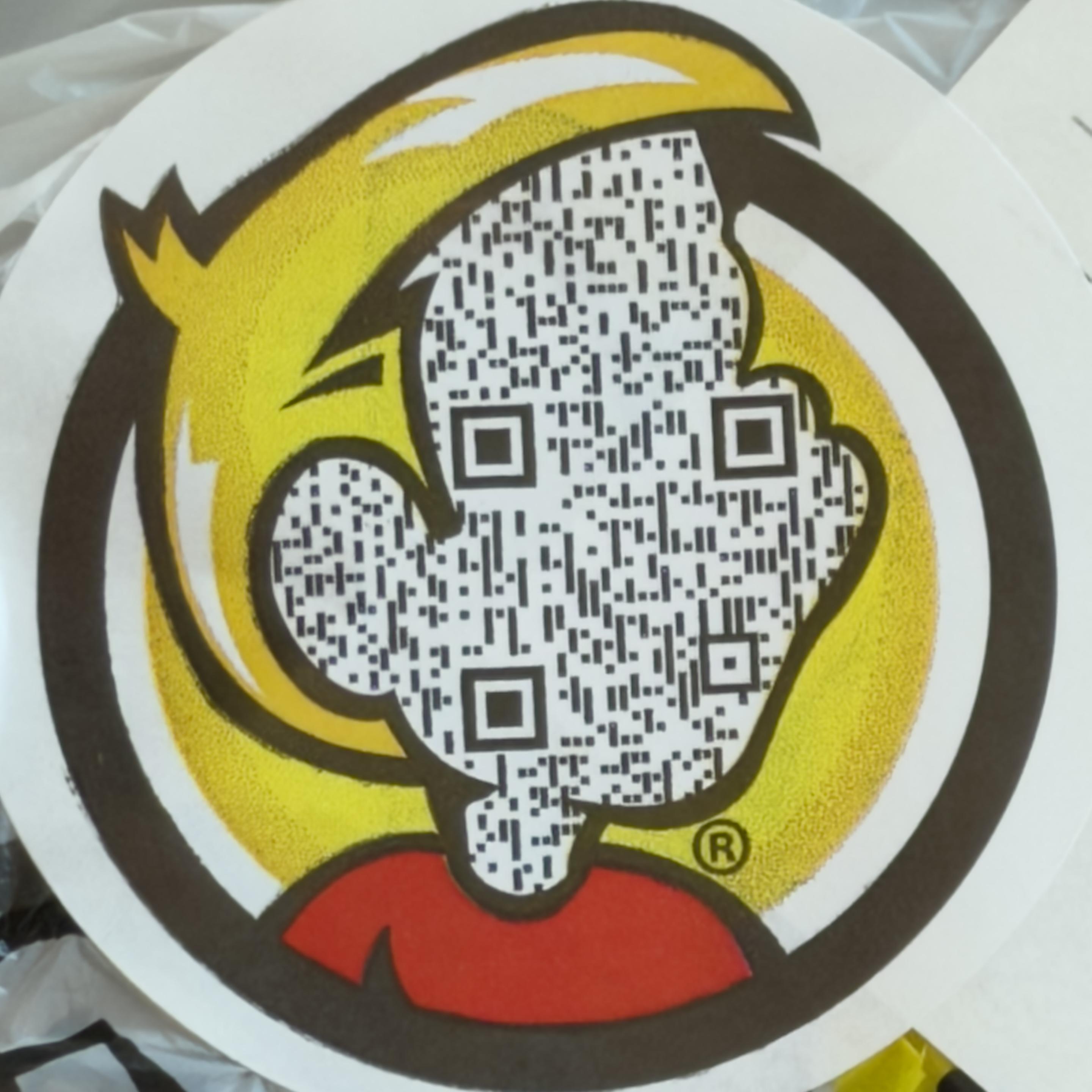 A sticker of the Hungry Howie's mascot, a cartoon person from the shoulders up, except where their face should be has been completely replaced with a black-and-white QR code.