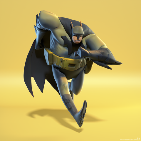 3D sculpture of a stylized, running Batman comic character.