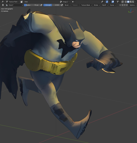 A running, stylized 3D Batman character inside the Blender 3D viewport.