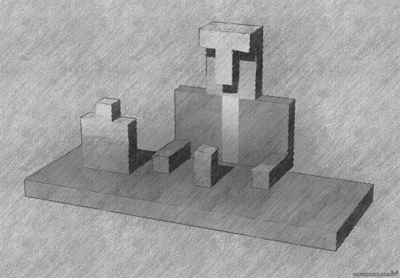 A moody scene in a semi-abstract voxel style, showing a depressed man sitting at a table or bar, with a bottle of liquor next to him, and a glass in front of him.