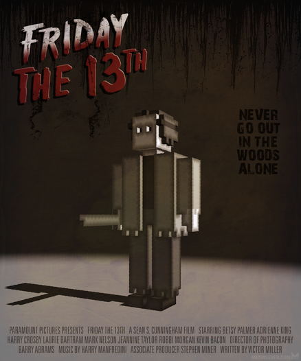 Poster design, featuring a voxel-styled Jason character from the Friday the 13th horror films.