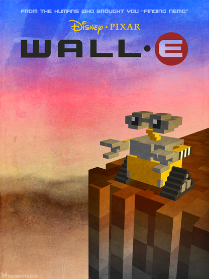 Poster design, featuring a voxel-styled Wall-E robot character from Pixar's animation film.