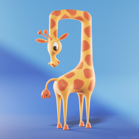 3D rendering of a cartoon-style cute giraffe, looking at its own tail with a bent neck.