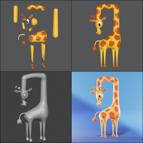 Four 3D creation stages of a cartoon-style cute giraffe, looking at its own tail with a bent neck.