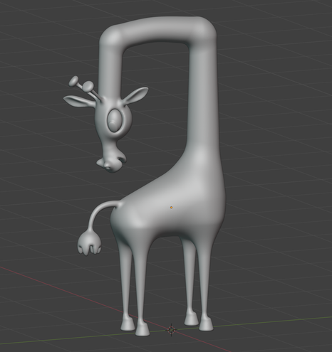 Belnder 3D editor screenshot, showing a cartoon-style giraffe looking at its own tail with a bent neck.
