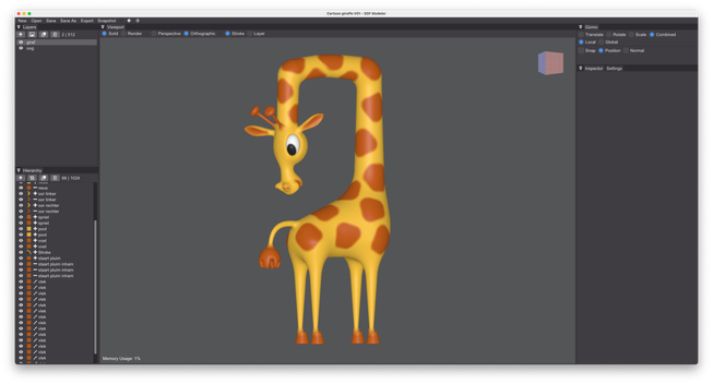 Screenshot of the SDF Modeler 3D editor, showing a model of a cute, cartoon-style giraffe, looking at its own tail with a bent neck.