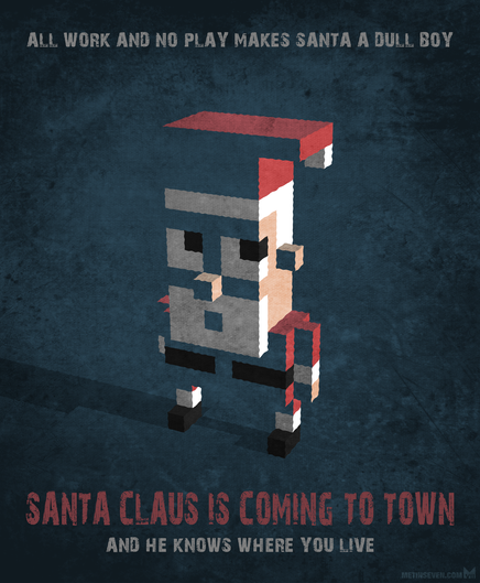 Xmas card design in a minimalistic voxel style, showing a dark Santa Claus character.