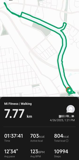 White unlabeled map tracing a walk with green lines. White text on black follow the map showing some walk stats.
