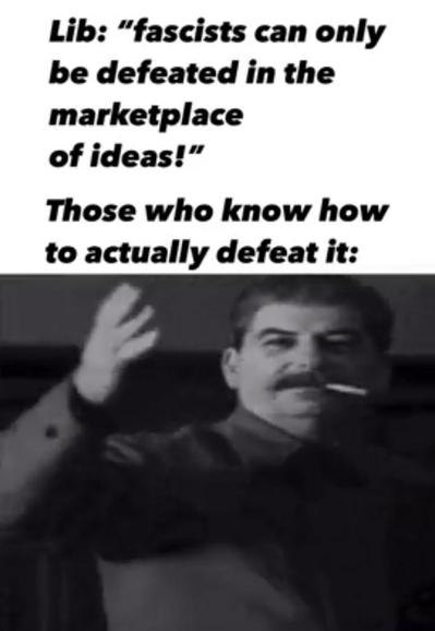 Lib: "fascists can only be defeated in the marketplace of ideas!"

Those who know how to actually defeat it: [image of Joseph Stalin with his hand in the air doing the 'What?' gesture.