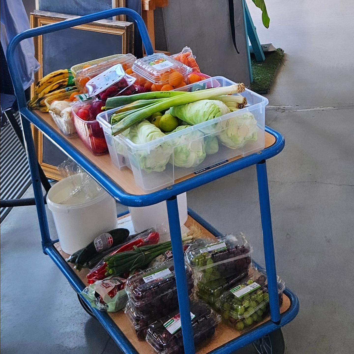 Fruits and vegetables donated from REMA supermarket on a blue wheely table