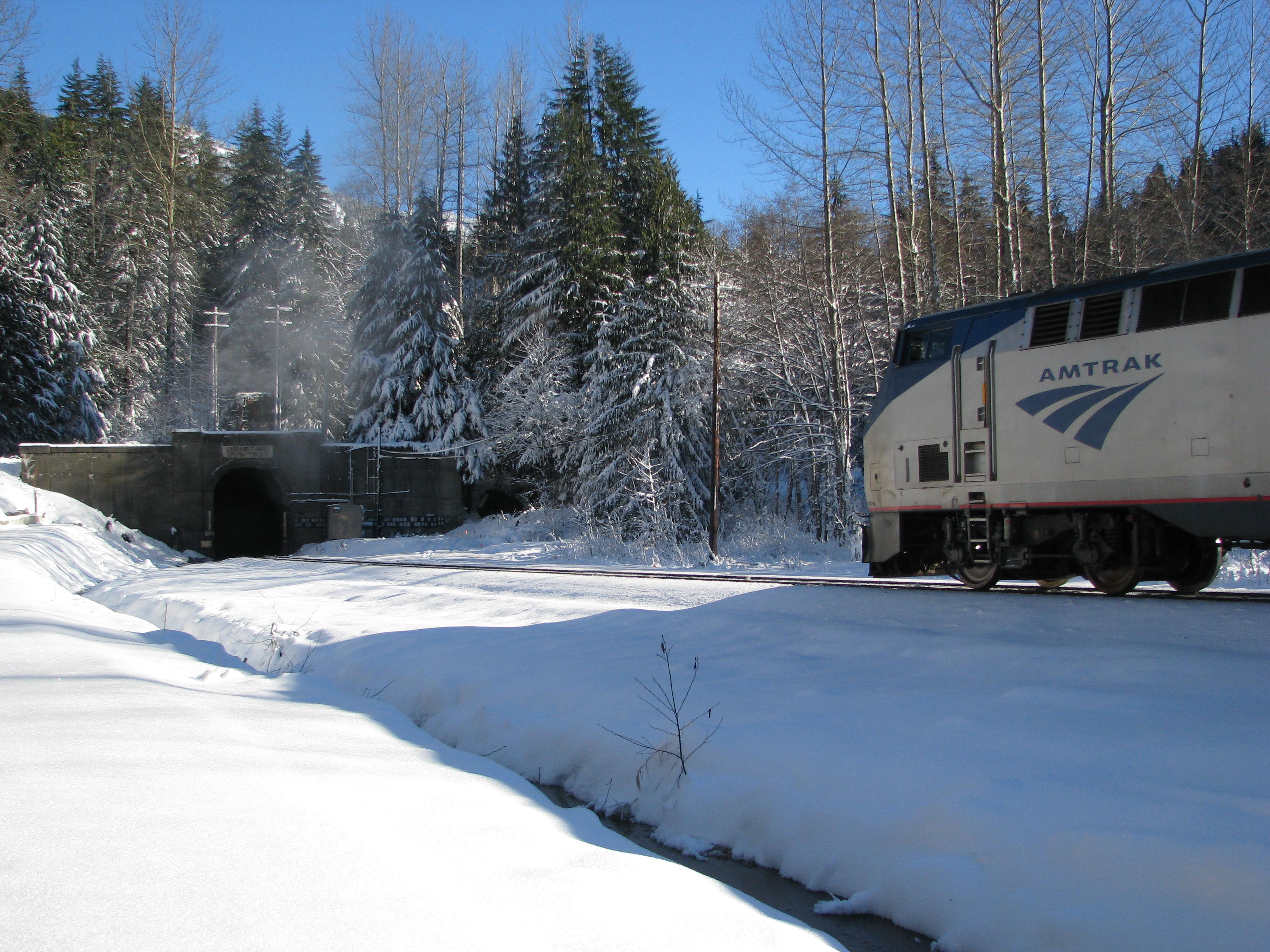 Amtrak train approaching Cascade Tunnel, 2013. Photo courtesy the Estate of Jim Hamre.