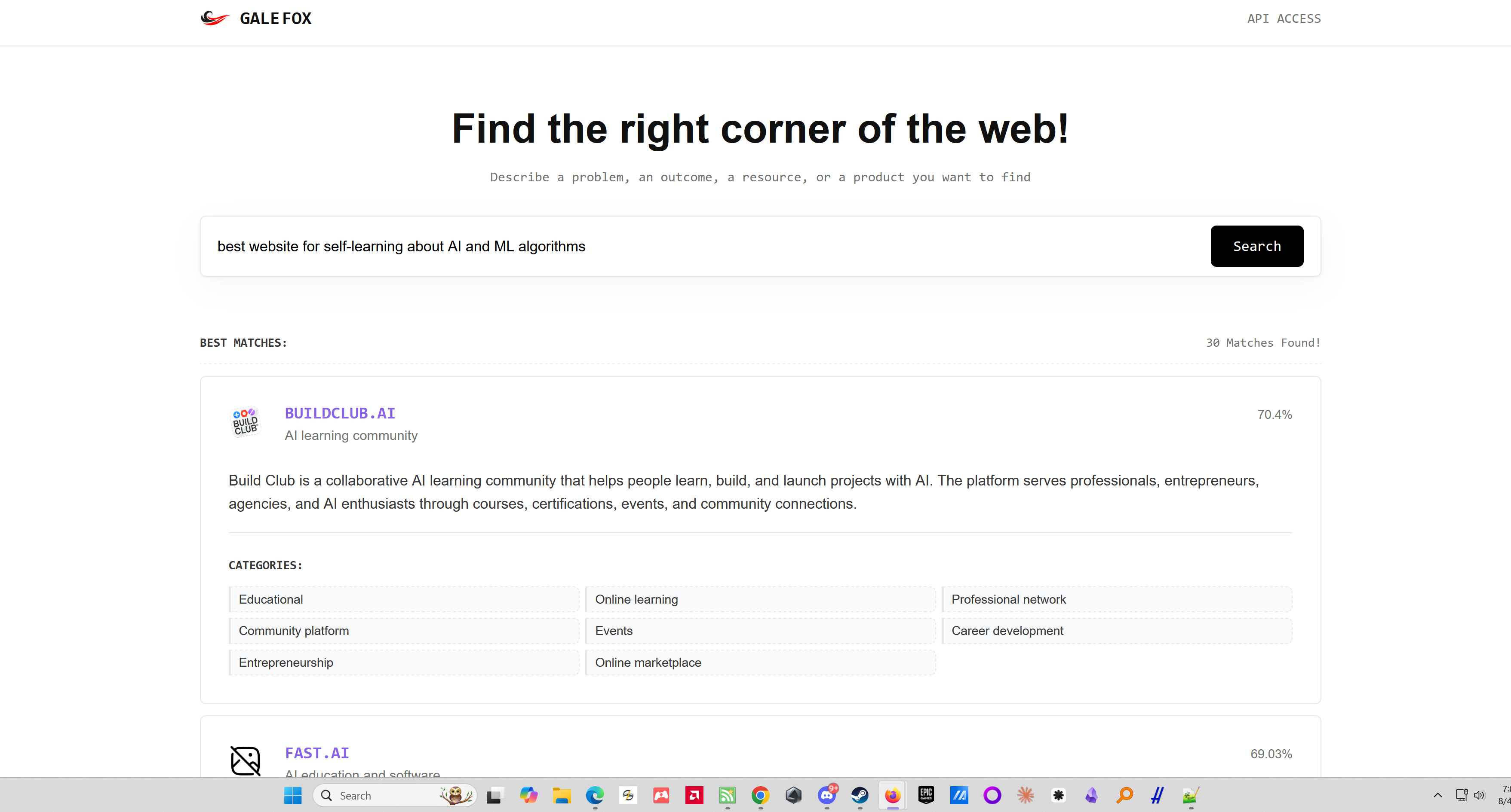 Screenshot of a sample search query for "best website for self-learning about AI and ML algorithms."  This search engine is good at doing things like finding AI news aggregator websites or AI tools that do a certain function and will surface results for these queries that you have not seen before.