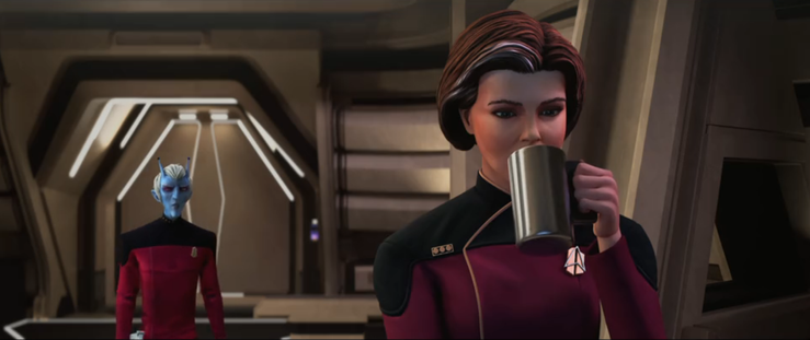 A Star Trek Prodigy shot of Admiral Janeway taking a sip of her coffee on the Dauntless.  Tysess is in the background.  From E116