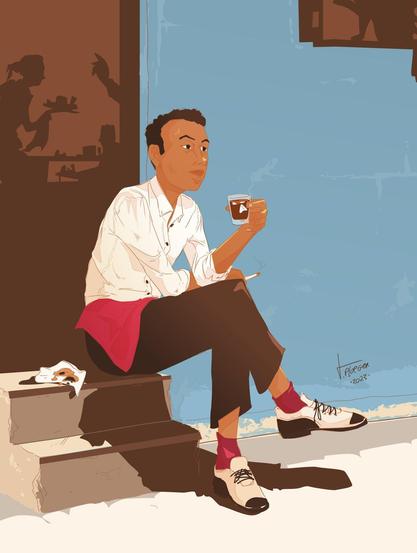 illustration of a waiter enjoying a short break with a carajillo (small liquored coffee) on the stairs in the alley.