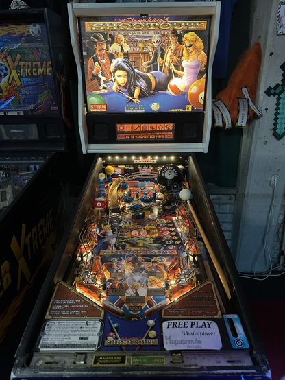Sharkey's Shootout pinball machine, front view.