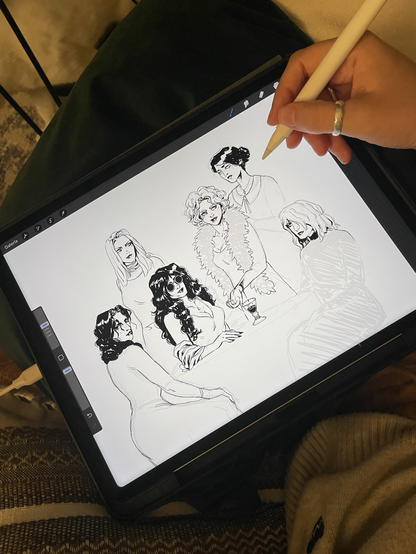 Drawing in an iPad of 6 women around a table. One is serving her own blood in a cup.