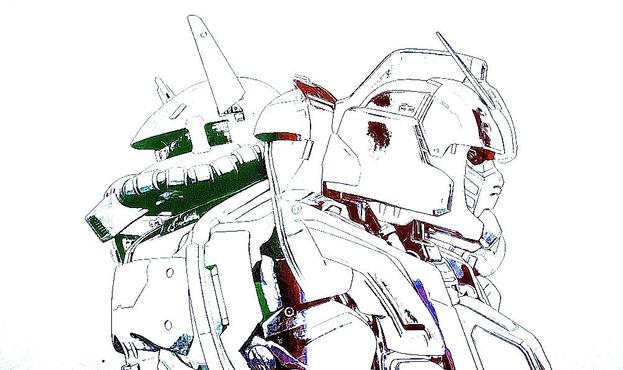 Una scena della sigla iniziale di "Gundam: Requiem for Vengeance" da me rielaborata tramite software di fotoritocco.
Nell'immagine, uno Zaku ed il Gundam spalle a spalle.