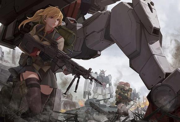 a digital painting of  a woman soldier running through rubble, a large keeling gundam robot behind her, other gundams in the background