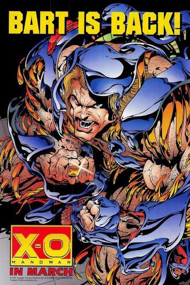 an illustration, it is x-o manowar on his knees, his liquid metal amor enveloping him, his hands in fists, at the top in yellow large letters it reads 'bart is back!', for artist bart sears, in the lower left corner it reads 'x-o manowar in march'