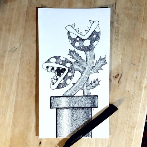 A pen and ink stippled illustrations of two piranha plants from Super Mario Brothers growing out of a pipe, one is biting upwards and the other sideways and slightly turned towards the viewer. They are very much not pixelated, in fact they are shaded to appear uncannily smooth.