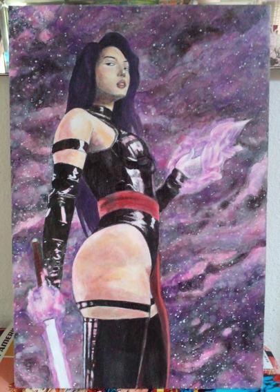a painting of psylocke, seen from a low perspective from the side from her mid-thigh up, she is holding a pink flaming sword in one hand at her side, her other hand has pink psychic energy swirling around it, pink and purple and black energy clouds behind her