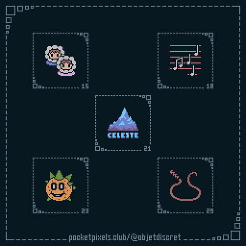 a pixel art illustration of Nana and Popo from Ice Climbers, a music staff with five notes, the logo for Celeste, a Pokey from the Mario series, and a whip.