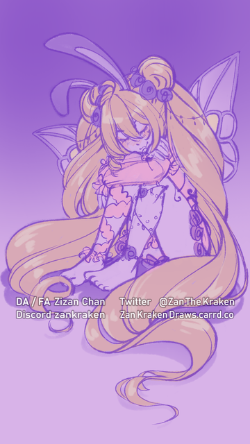 A grinning bunnygirl fairy with huge blonde ponytails hugging her knees as she takes a nap