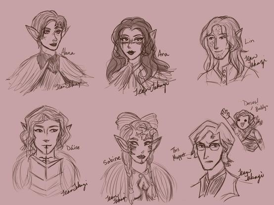 A sketch page of Veilguard Rooks by TeamTakagi on Tumblr. Alana is at the top left.