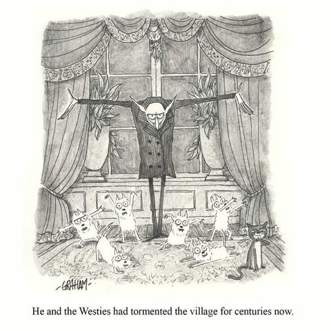 A cartoon illustration of a smirking bald vampire posing with all his undead Westie Terriers in their living room while a cat cleans itself ignoring them. Caption reads "He and the Westies had tormented the village for centuries now."