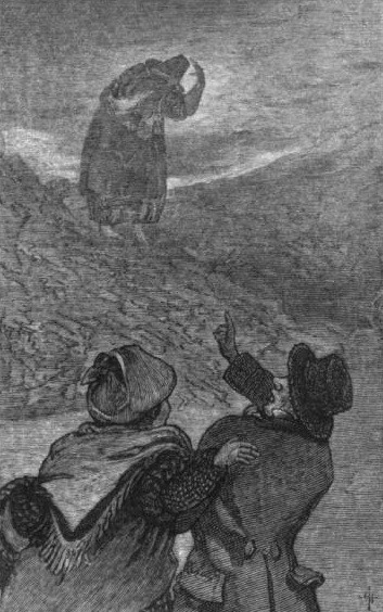 Two travelers in the Welsh mountains witness a mysterious gwyllion coming out of the mist. Image by T. H. Thomas.