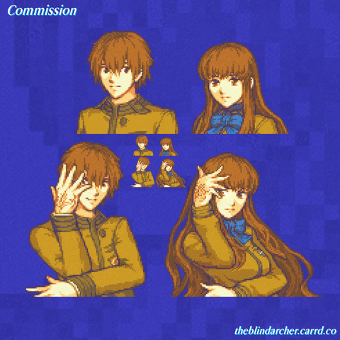 A set of 16 bit pixel art portraits and busts of a young man and woman, both with fair skin, brown hair, and brown eyes.  The man's hair is cut short and message, while the woman's is long and flowing.  Both of them are wearing brown school jackets with high collars, and the woman has the addition of a blue ribbon around her neck.  Both are posed neutrally in their portraits and with a more dynamic pose for the busts.  The dynamic pose brings their right hand to their face and their left arm across their torso.  The back of their right hands have a sigil on them.  The art is of the male and female versions of Hakuno Kishinami from the visual novel Fate/EXTRA.