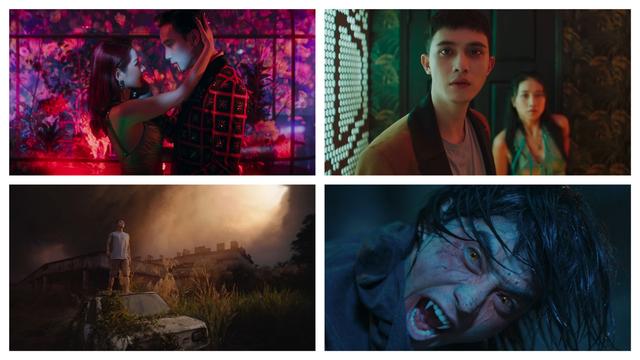 four film stills: Chi Pu as Triệu and Thuận Nguyễn as Marco embrace in a scene dreamily lit in pinks and mauves; Trần Ngọc Vàng as Nhật and Trịnh Thảo as Hạ look to camera, shocked or dismayed; Trần Ngọc Vàng stands atop a car wreck as sun breaks through dark clouds overhead; a grimy vampire reveals its fangs.